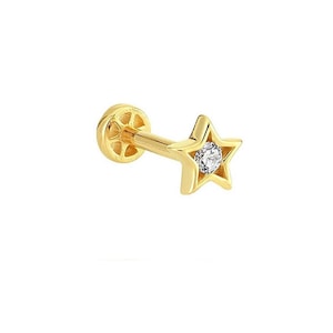 Single Stone Star 14k Gold Tragus Piercing, Tragus Cartilage Earring Bar Stud Rose Gold Silver Gold Internally Threaded