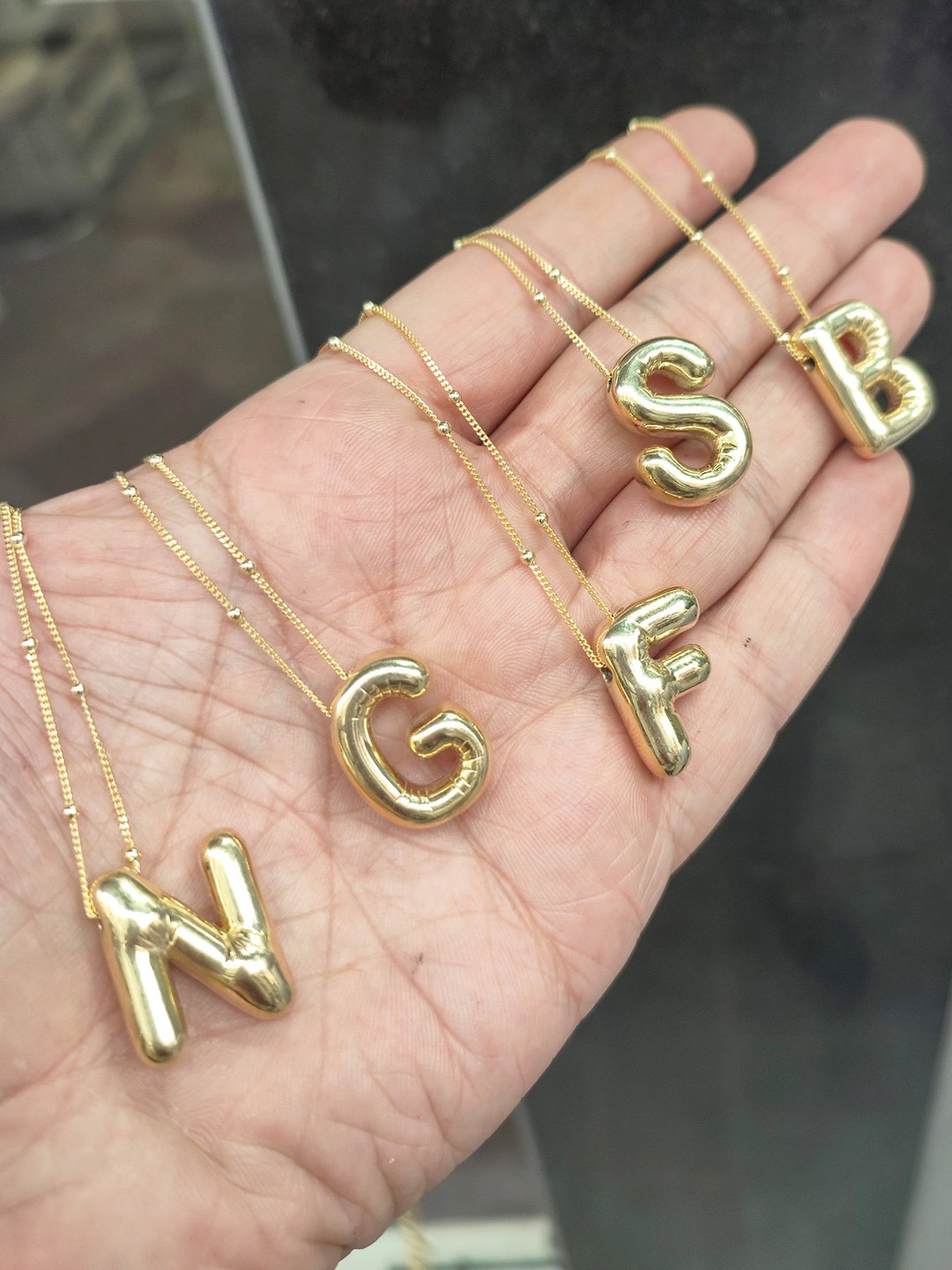 No Stone Silver Balloon Letter Necklace, 14k Gold Plated Initial Letter