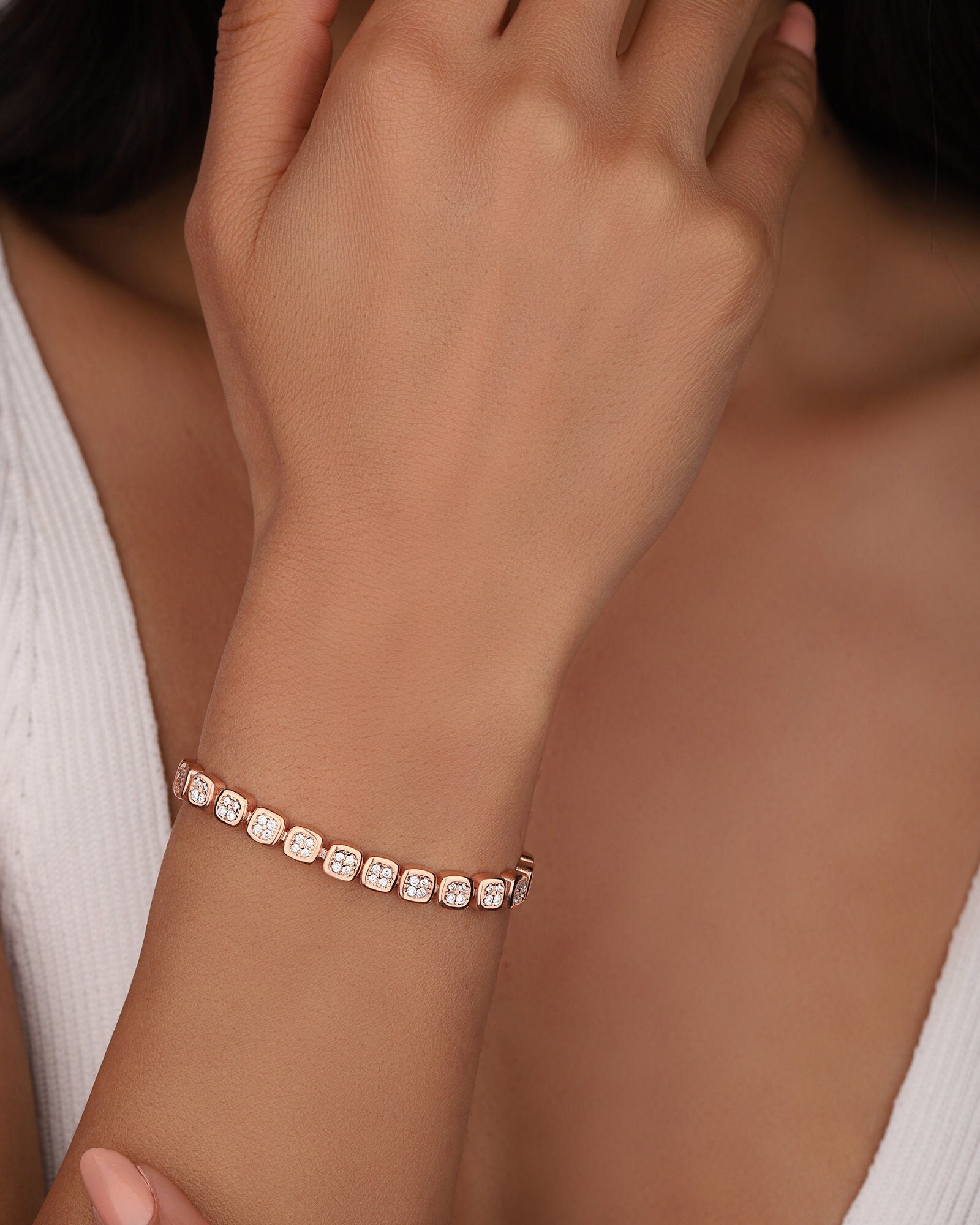 White Stone Silver Bracelet, 925 Sterling Silver Square