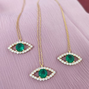 Green Evil Eye Necklace, 14K Gold Evil Eye Jewelry, Bridesmaid Gift, Wedding Gift, Anniversary Gift, Birthday Gift, 925 Sterling Silver Neck