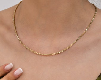 Collar de cadena trenzada de oro macizo de 14 quilates: delicado estilo en capas