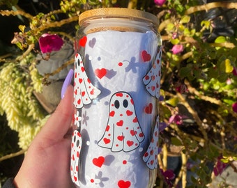 Heart Ghostie Glass Can || Ghostie Glass Can || Valentine’s Ghostie Glass Can || Valentine’s Glass Can