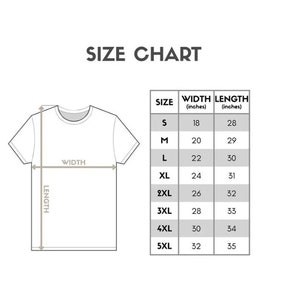 May include: Size chart for a t-shirt with measurements in inches. The chart shows the width and length of the shirt in inches for sizes S, M, L, XL, 2XL, 3XL, 4XL, and 5XL.