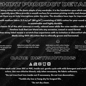 May include: Text-filled graphic with product details for a t-shirt. The text describes the shirt's features, including fabric, fit, and care instructions. The image also includes a small illustration of a t-shirt.