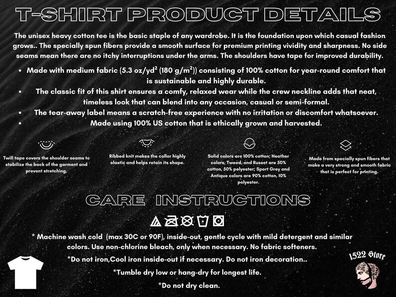 May include: Text-filled graphic with product details for a t-shirt. The text describes the shirt's features, including fabric, fit, and care instructions. The image also includes a small illustration of a t-shirt.