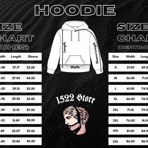 K&ouml;nnte beinhalten: Gr&ouml;&szlig;entabelle f&uuml;r einen Hoodie mit Ma&szlig;en in Zoll und Zentimetern. Die Tabelle zeigt Breite, L&auml;nge und &Auml;rmell&auml;nge f&uuml;r die Gr&ouml;&szlig;en S bis 5XL. Das Bild enth&auml;lt das Wort "HOODIE" und das Logo von "1522 Store".