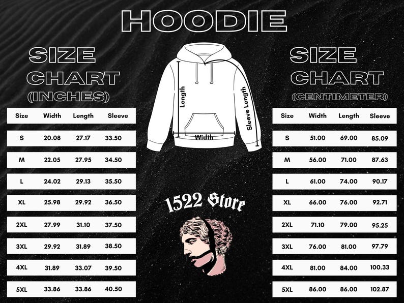K&ouml;nnte beinhalten: Gr&ouml;&szlig;entabelle f&uuml;r einen Hoodie mit Ma&szlig;en in Zoll und Zentimetern. Die Tabelle zeigt Breite, L&auml;nge und &Auml;rmell&auml;nge f&uuml;r die Gr&ouml;&szlig;en S bis 5XL. Das Bild enth&auml;lt das Wort "HOODIE" und das Logo von "1522 Store".