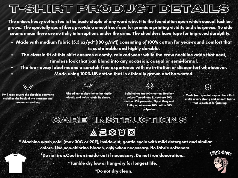 May include: A graphic with text detailing a t-shirt's features, including fabric, fit, and care instructions. The shirt is made from 100% US cotton. Care instructions include machine wash cold (max 30C), inside out, and tumble dry low. The graphic also includes a logo.