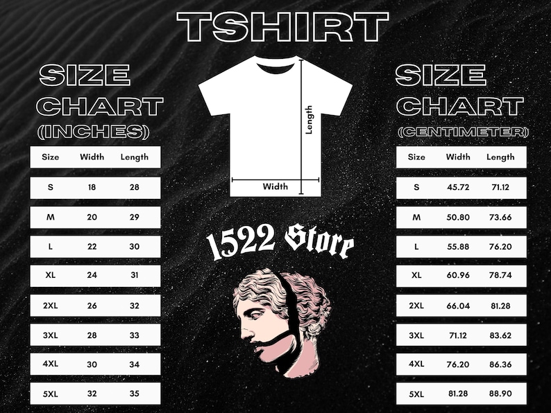 May include: White t-shirt size chart with measurements in centimetres. The chart includes sizes S to 5XL, with corresponding width and length measurements. The image also features the text "TSHIRT" and the logo for "1522 Store".