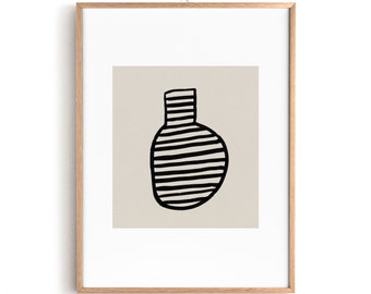 Art Print Download, Ceramic Vase with Horizontal lines, Modern Home Boho Style Printable Art, Black brush strokes on beige background paper