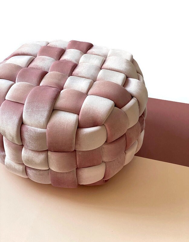 Coussin de Sol Nœud Velours Moyen en Rose Blush, Pouf Velours, Moderne, Coussin, Ottoman, Oreiller M