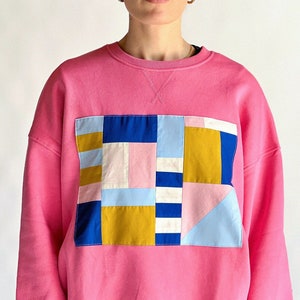 Unique piece Pink sweatshirt with handmade patchwork Unisex sweater Handmade patchwork sweater Upcycling, eco-design, colorblock image 1