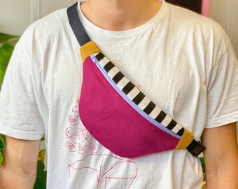 Handmade fanny pack - Handmade fanny pack, bumbag - Practical shoulder bag - Memphis design, colorblock, stripes, stripes