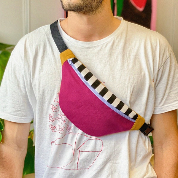 Handmade fanny pack - Handmade fanny pack, bumbag - Practical shoulder bag - Memphis design, colorblock, stripes, stripes