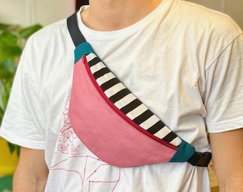 Handmade fanny pack - Handmade fanny pack, bumbag - Practical shoulder bag - Memphis design, colorblock, stripes, stripes