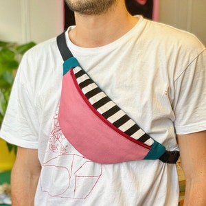 Handmade fanny pack, bumbag - Practical shoulder bag - Memphis design style - Stripes printed accessory
