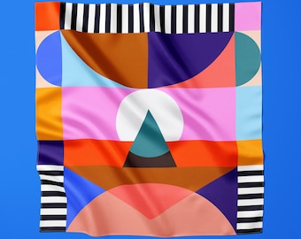 Large handmade recycled satin scarf – Square 70x70cm – Exclusive colorful geometric pattern – Hair, neck, decoration accessory – Gift for her