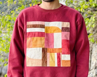 Handgefertigtes Patchwork-Sweatshirt. Pflanzlicher Farbstoff, natürlich. Einzigartiges Stück. Warmer Unisex-Pullover. Handgefertigter Patchwork-Pullover. Pflanze, Ökodesign