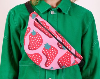 Handmade fanny pack - Exclusive pattern - Handmade fanny pack, bumbag - Practical shoulder bag. Strawberry print, unique, colorful