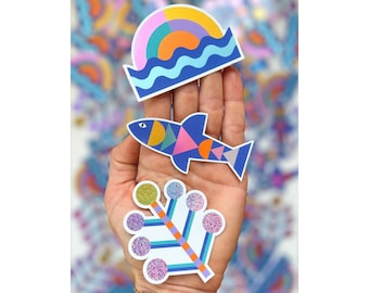 Pack de 3 stickers - Couché de soleil, poisson et fleur - Vinyle holographique, miroir et brillant - Adhésif - Personnalisation d'objets