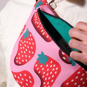 Handmade fanny pack Exclusive pattern Handmade fanny pack, bumbag Practical shoulder bag. Strawberry print, unique, colorful image 5