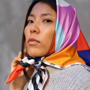 Large handmade satin scarf Exclusive pattern Handmade satin scarf, headscarf Hair accessory Geometric and colorful print image 5