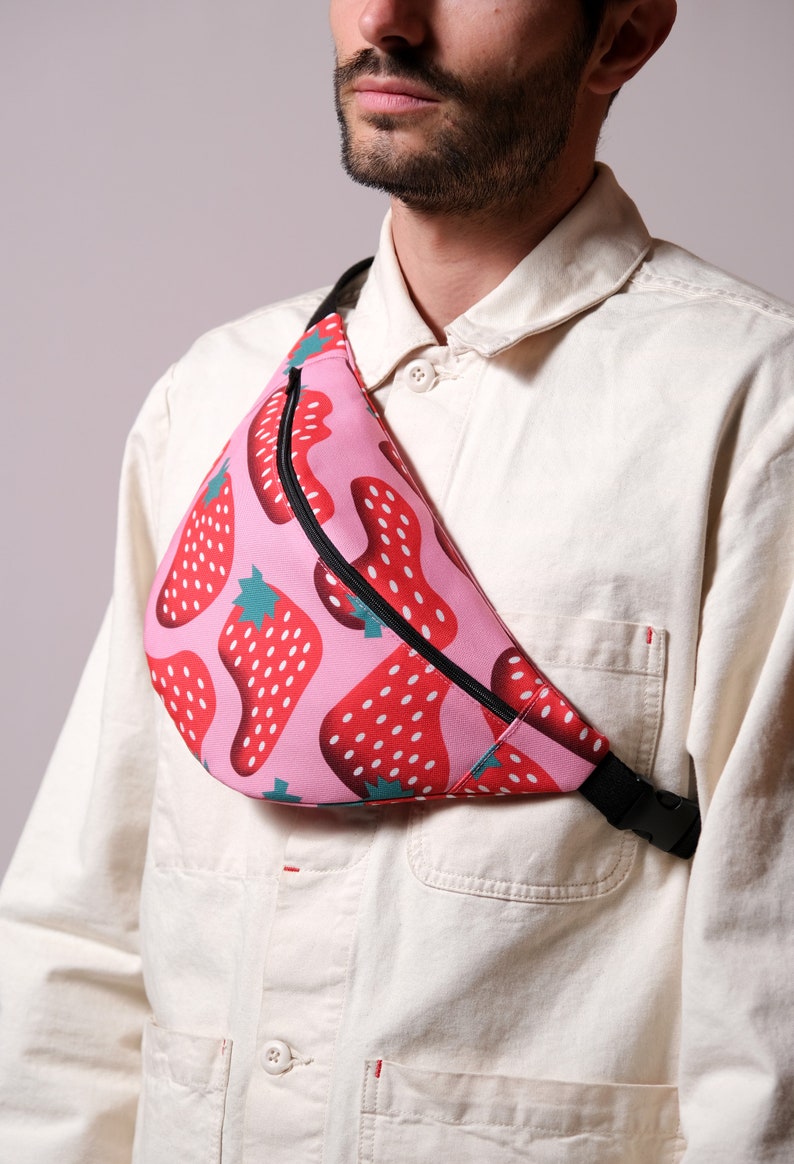 Handmade fanny pack Exclusive pattern Handmade fanny pack, bumbag Practical shoulder bag. Strawberry print, unique, colorful image 6