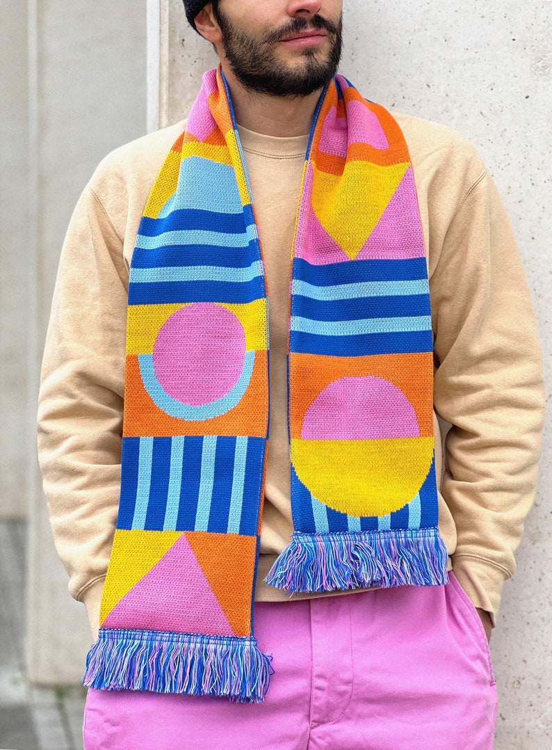 NEW Knitted fringed scarf Exclusive pattern Geometric Gift Knitted scarf Exclusive pattern Colorful Gift Design image 2