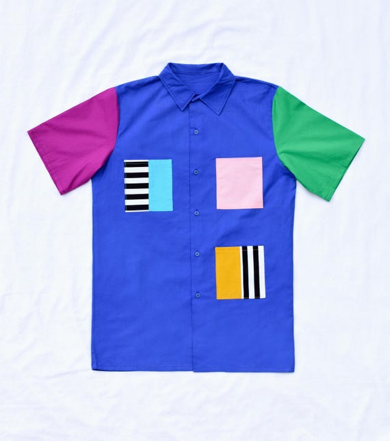 Chemise de seconde main customisée - Unisexe, mixte - Cousue main - Pièce unique - Colorblock Rayures - Chemise patchwork design, artisanale