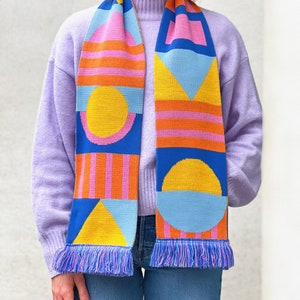 NEW Knitted fringed scarf Exclusive pattern Geometric Gift Knitted scarf Exclusive pattern Colorful Gift Design image 3