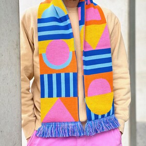NEW Echarpe à franges tricotée Motif exclusif Géométrique Cadeau Knitted scarf Exclusive pattern Colorful Gift Design zdjęcie 7