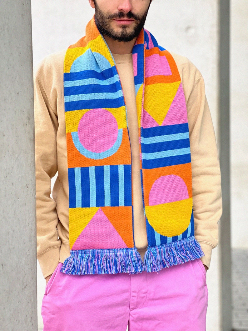 NEW Echarpe à franges tricotée Motif exclusif Géométrique Cadeau Knitted scarf Exclusive pattern Colorful Gift Design zdjęcie 7