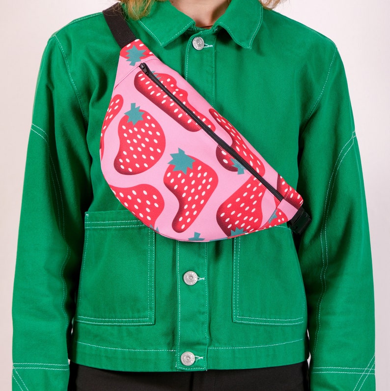 Handmade fanny pack Exclusive pattern Handmade fanny pack, bumbag Practical shoulder bag. Strawberry print, unique, colorful image 1