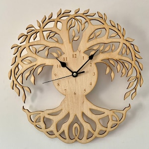 Laser-engraved wooden tree of life wall clock