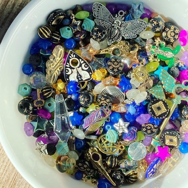 Sorcerous Sundries Bead Confetti - Mystery Bag - Wizard Mix, Whimsigoth, Crowcore, Stone, Gem, Metal, Acrylic Bead Soup (Charms included!)