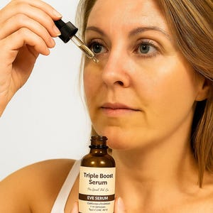 May include: A woman applying Triple Boost Eye Serum from a brown glass bottle with a dropper. The label reads "Triple Boost Serum" and "EVE SERUM". The serum is clear and the woman is wearing a white tank top.