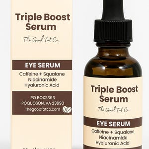 May include: A brown glass bottle and a box of Triple Boost Eye Serum by The Good Fat Co. The bottle has a black dropper and the box lists ingredients: Caffeine, Squalane, Niacinamide, and Hyaluronic Acid. The product is 1 fl oz.