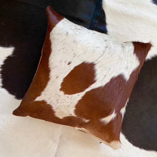 COWHIDE pillow cover 16"x16" brown and white natural hair on hide , made in North America, perfect gift