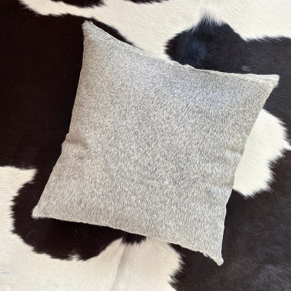 Cowhide pillow cover 18"x18"  solid grey natural hair on hide, home decor cushion fur leather