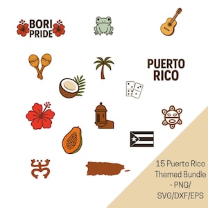 Puerto Rico Bundle SVG// Boricua SVG, Latina SVG, Puerto Rico png, Taino svg, Puerto Flag svg, Coqui svg, Hibiscus svg