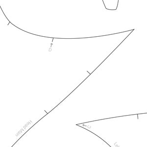 K&ouml;nnte beinhalten: Eine Schwarzwei&szlig;-Linienzeichnung eines Schnittmusters f&uuml;r ein Kleidungsst&uuml;ck. Das Muster enth&auml;lt Linien mit den Bezeichnungen "Head Main", "Lek Back Outside", "D" und "C".