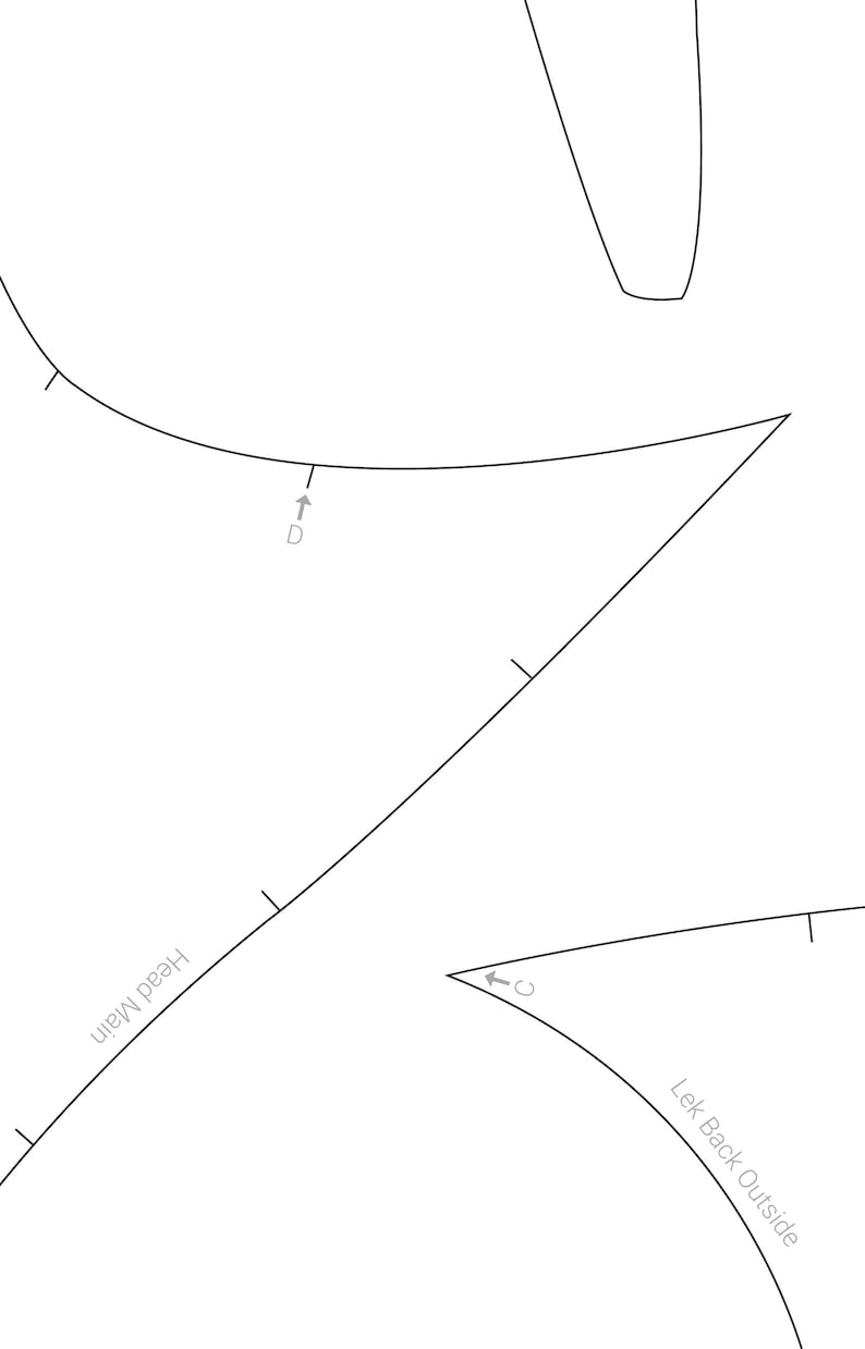 K&ouml;nnte beinhalten: Eine Schwarzwei&szlig;-Linienzeichnung eines Schnittmusters f&uuml;r ein Kleidungsst&uuml;ck. Das Muster enth&auml;lt Linien mit den Bezeichnungen "Head Main", "Lek Back Outside", "D" und "C".