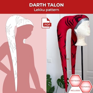 Peut inclure: Un patron de Lekku Darth Talon rouge et noir, présenté sur une tête de mannequin. L'image comprend une icône PDF et le texte « PATTERNS INCLUDES TUTORIAL ». Le côté gauche montre une silhouette avec un motif Lekku blanc.