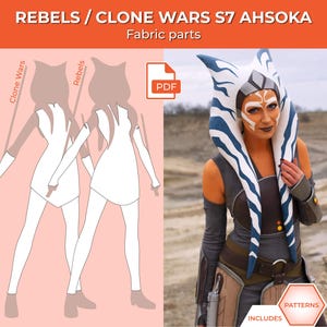 May include: Image featuring a cosplay of Ahsoka Tano from Star Wars. The costume includes a gray and brown outfit, headpiece with blue and white markings, and detailed makeup. The image also shows a pattern for the costume.
