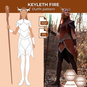 May include: An outfit pattern for a Keyleth Fire costume. The image includes a sketch of the costume, a photo of the costume being worn, and images of the costume's accessories. The costume is brown, black, and white.