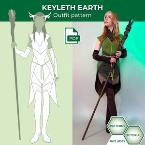 May include: A digital PDF sewing pattern for a Keyleth Earth outfit, featuring a line drawing of a tunic, leggings, and headpiece, alongside a photograph of the finished costume, a staff, and a detailed view of the antler-shaped headpiece.