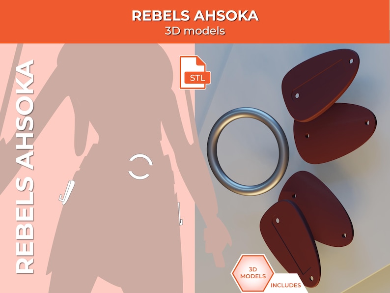 May include: 3D printable STL files for a ring, a set of four brown and black pieces, and a silhouette of a character from the Star Wars Rebels TV series. The text "REBEL'S AHSOKA" is on the left side of the image and "3D models" is on the top of the image.