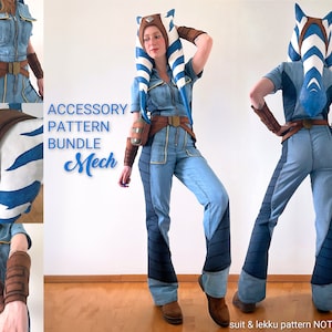 Może przedstawiać: Zestaw wzorów akcesoriów cosplay dla postaci z Gwiezdnych Wojen. Zestaw zawiera wzory na nakrycie głowy, rękawice na ręce i pasek. W obrazie widoczny jest tekst "ACCESSORY PATTERN BUNDLE Mech". Kostium i wzór lekku nie są wliczone w cenę.