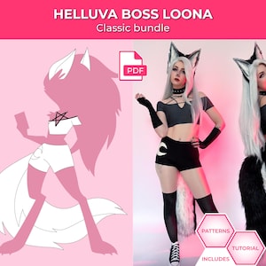 May include: A pink and white graphic of a cartoon character and two photos of a person in a costume. The costume includes a gray crop top, black shorts, and a fox tail. The text "HELLUVA BOSS LOONA" and "Classic bundle" are at the top.