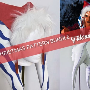 May include: A white and blue striped headdress with a red pointed hat on top. The headdress is made of felt and has a white fur trim. The headdress is a pattern for a Christmas costume. The image also shows a white headdress with blue stitching lines, which is a pattern for a costume.